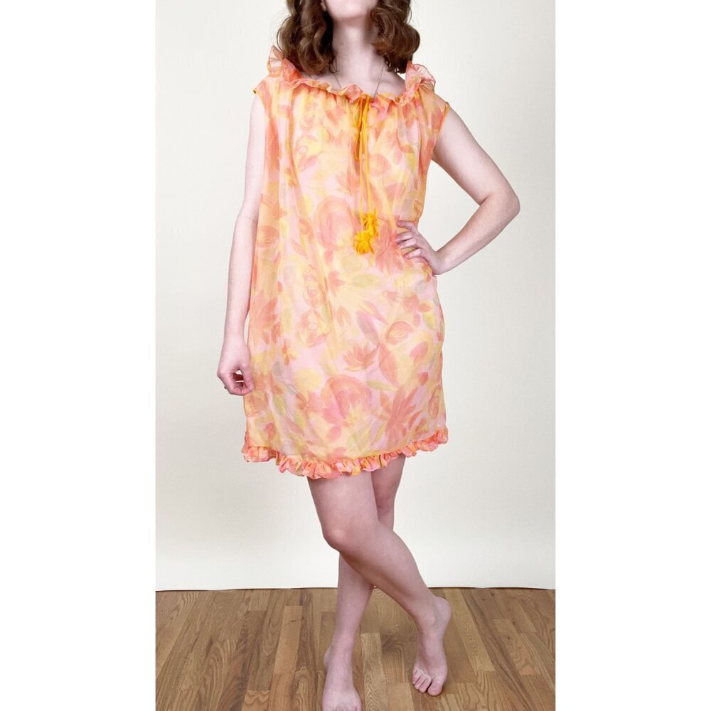 Vintage Mod Handmade Slip Mini Shift Dress Sheer Mesh Floral Ruffle 60's 70's